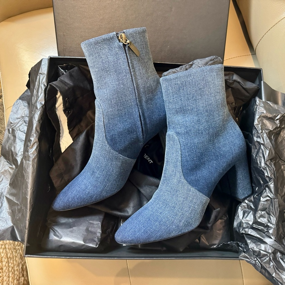 Saint Laurent Two-Tone Denim Pointed Toe Ankle Booties - Blue